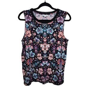 J Jill Tank Top Women Size Small Black Floral Crochet Neck Stretch Casual Summer